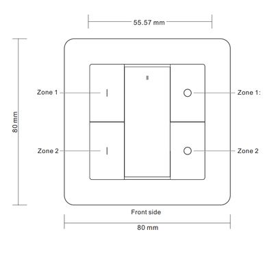 Diagram of an 80x80mm square electrical switch with marked zones: zone 1 and zone 2. Ideal for LED lighting installations.