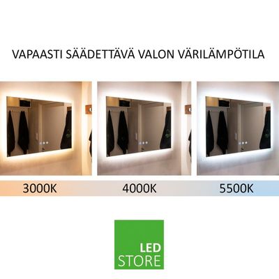 Three mirrors with adjustable colour temperature (3000K, 4000K, 5500K) with text 'Freely adjustable light colour temperature'. Green LED Store logo below.