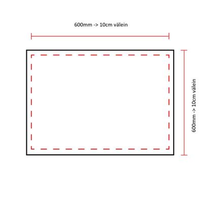 Rectangular diagram showing the measurement intervals from 600 mm to 10 cm width and height with dotted lines for the dimensions of LED lighting.