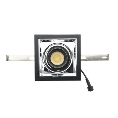 Rectangular recessed LED ceiling light, black body, silver reflector, side brackets, black power cable connector. Perfect for modern interiors.
