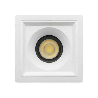 Rectangular recessed ceiling light with white frame and round LED bulb in the middle, perfect for a modern lighting solution.