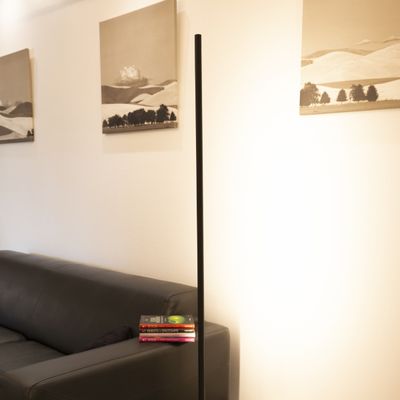 Minimalist room with black leather sofa, stack of books, vertical column lighting; monochrome landscape pictures on the wall enhance the ambient LED lighting.