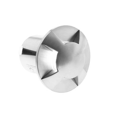 Close-up of a shiny metal LED downlight with star-shaped notches on a flat surface, insulated on a white background.