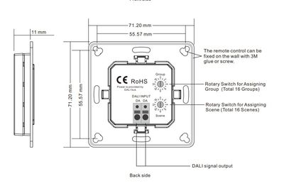Remote control diagram with dimensions, marked rotary switches for groups and scenes, installation instructions, RoHS compliance included.