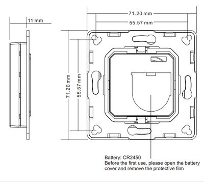 Diagram of a square LED device showing dimensions and battery compartment for CR2450 with installation instructions.
