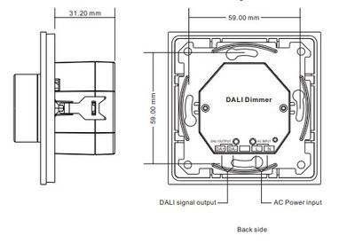 DALI dimming diagram: 59x59 mm panel, 31.20 mm depth; shows marked DALI signal output and AC power input connections for LED lighting control.