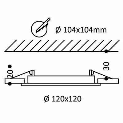 Diagram of a recessed LED luminaire with 104 x 104 mm aperture, 120 x 120 mm size and side profile for detailed measurements.