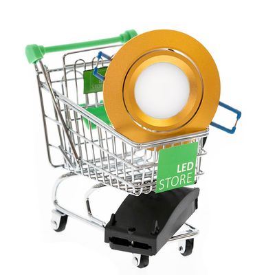Mini shopping basket with yellow LED bulb and small shop sign, highlighting LED lighting products, on a white background.