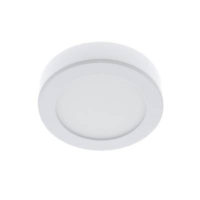 Minimalist white circular LED ceiling light looking down against a white background - modern lighting design