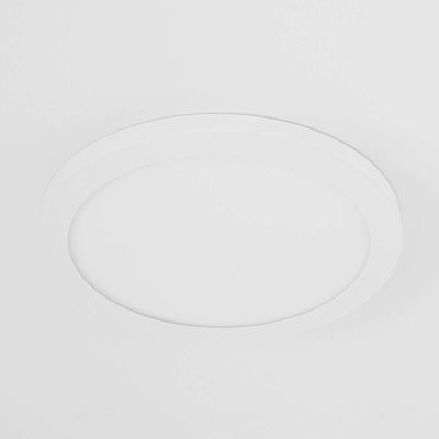 Modern round LED ceiling light, minimalist white design mounted on a white ceiling for efficient and stylish lighting.