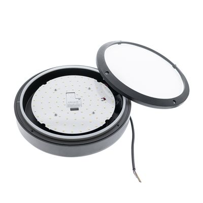 Round LED ceiling light with open black housing, visible wiring and circuit board with several small LED bulbs in a modern design.