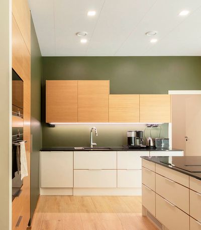 Modern kitchen with green walls, light wood cabinets, counters; built-in oven and matching island, illuminated with stylish LED lighting.