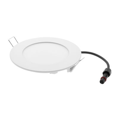 Round, slim white LED ceiling light with black power cord and metal clips on the sides - ideal for modern home or office lighting.