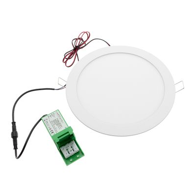 Round white LED panel luminaire with cabling and green electronic component, perfect for energy efficient lighting solutions.
