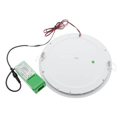 Round LED panel luminaire with power supply on a white base, ideal for energy efficient lighting solutions.