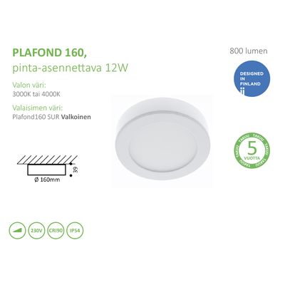 Surface mounted LED PLAFOND 160 12W, IP54, dimmable, high CRI90, 4000K