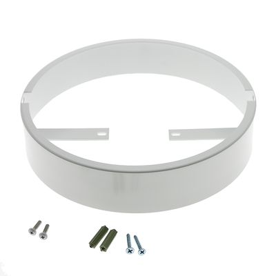 Circular metal bracket with two mounting brackets, includes screws and wall anchors, ideal for LED lighting installation, white background.