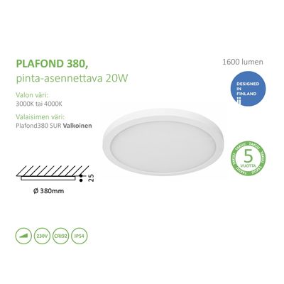 Round white ceiling light, surface mounted, 1600 lumens, 380mm, 20W, IP54 rated, Finnish design. Available in 3000K/4000K. Ideal LED lighting option.