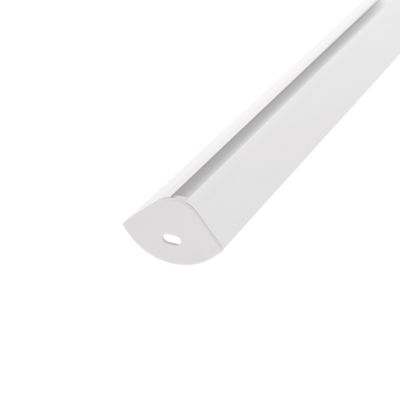 Close-up of a stylish white LED luminaire with oval connector and its modern design against a seamless white background.