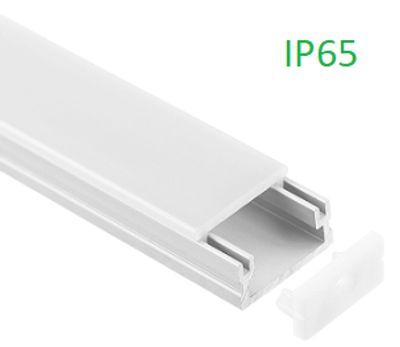 White LED strip light channel with green IP65 rating text and end cap visible.