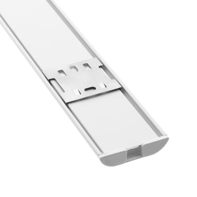 Close-up of a white linear LED luminaire with diffuser and centre stand, showcasing modern design and energy efficiency.