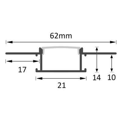 Technical diagram of the LED light: Width 62mm, Height 17mm. The parts are visible at 21mm, 14mm and 10mm high for accuracy.