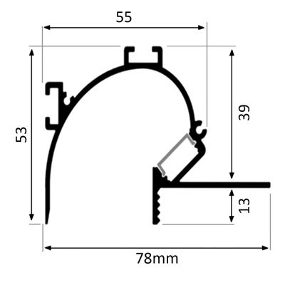 Technical cross-sectional drawing of the component: width 78 mm, height 53 mm, internal height 39 mm and base height 13 mm. Optimal LED lighting solutions.