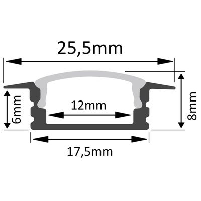 Cross-sectional diagram showing an object with a width of 25.5 mm, a height of 8 mm and 6 mm, a base of 17.5 mm and an internal width of 12 mm. Ideal for LED lighting.