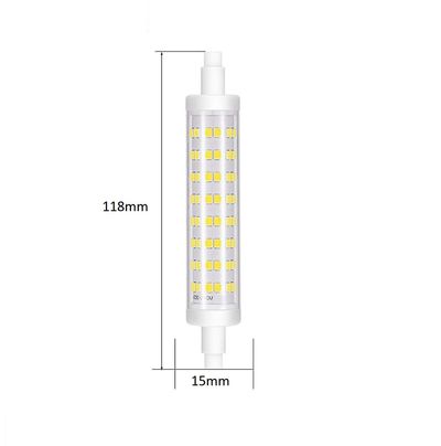 Close-up of LED lamp with clear housing, revealing yellow diodes; dimensions 118mm x 15mm. Perfect for efficient and modern lighting solutions.