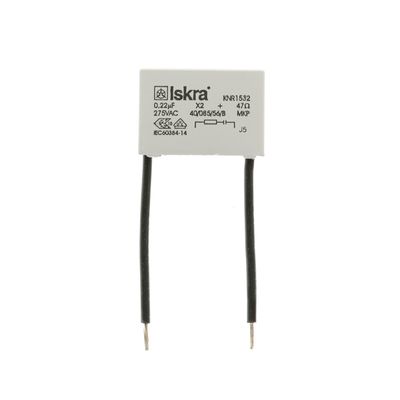 Iskra rectangular capacitor with black wire, specifications printed; An essential part of LED lighting, extending the range of products in the shop.