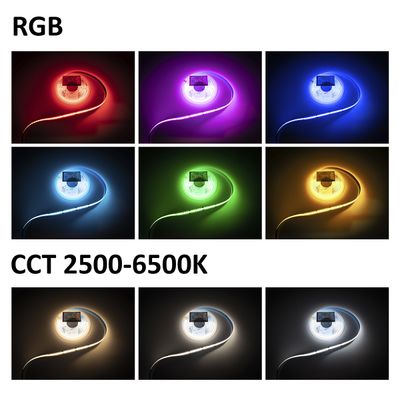 RGB and CCT LED strip lights red, purple, blue, white, green, yellow; presents white temperature from 2500K to 6500K for versatile lighting.