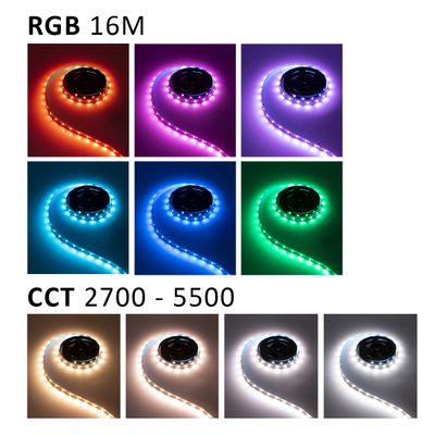The LED strip lights feature RGB 16M colours and an adjustable CCT between 2700-5500, offering a range of brightness levels for customizable lighting.