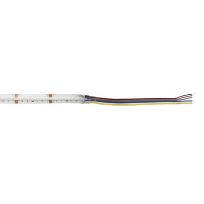 Alternative text: multicoloured wire combined with white LED strip lighting in a modern LED lighting display.