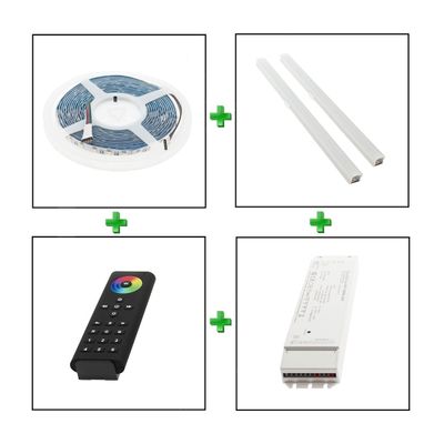 LED strip light kit, including a roll of lights, two connectors, remote control and power supply for versatile lighting solutions.