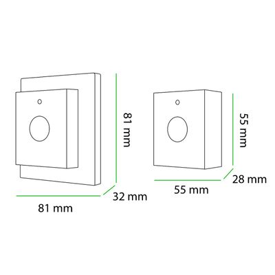 Diagram with two LED control units; one 81x81x32 mm, the other 55x55x28 mm, both with a round button on the front.