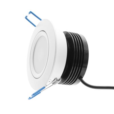 White round LED downlight with black heat sink, blue side brackets and black power cord; angled view. Ideal for modern energy efficient lighting solutions.