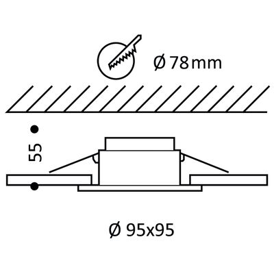 Technical drawing of a square recessed LED luminaire: diameter 95 mm, depth 55 mm and aperture size 78 mm.