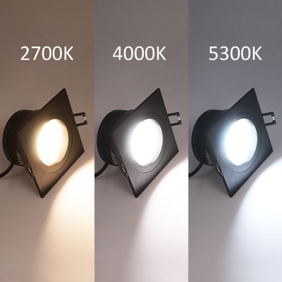 Three square-shaped LED lights displaying different colour temperatures: 2700K (warm), 4000K (neutral) and 5300K (cold).