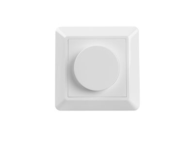 Alternative text: 'White round dimmer switch with square white plate against a black background, ideal for controlling LED lighting.