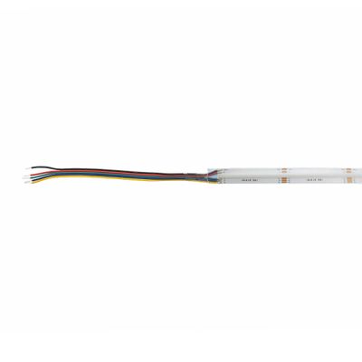 Close-up of an unconnected LED strip light, showing coloured wires against a white background, highlighting the LED lighting components.