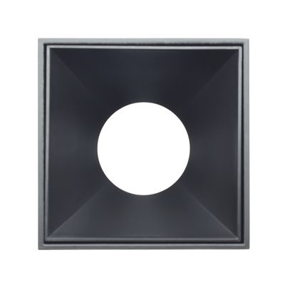 Square recessed grey LED luminaire with round aperture, bottom view, modern minimalist design for efficient lighting.