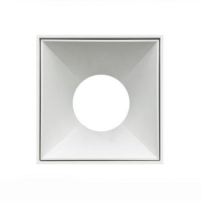 Square LED luminaire with round cut-out; white, 3D abstract design for modern lighting.