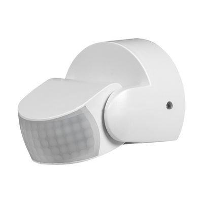 Stylish white motion sensor with curved design and hexagonal pattern, mounted on a wall bracket to improve the control and safety of LED lighting.