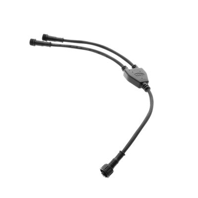 Black Y-shaped LED cable splitter with three connectors on a white background, ideal for expanding LED lighting systems and adding flexibility.