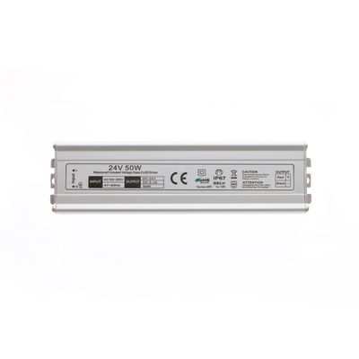 LED controller, 24V 50W, rectangular; front panel with certification labels and specifications, ideal for efficient and reliable LED lighting solutions.
