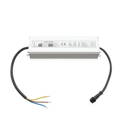 Rectangular LED power supply with double-ended cables and visible specifications on the label, ideal for efficient lighting solutions.