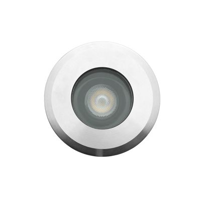 Round recessed LED ceiling light, silver coloured metal frame, round glass cover in the middle, modern design for energy efficient interior lighting.