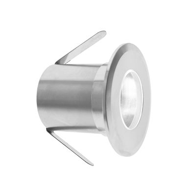 Silver coloured metal recessed LED downlight for ceiling mounting with slanted tabs, offering stylish and efficient lighting solutions.