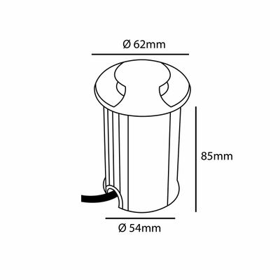 Line drawing of a 85 mm high cylinder with cable, top diameter 62 mm, bottom diameter 54 mm; ideal as a design reference for LED luminaires.