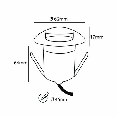 Diagram of a cylindrical LED luminaire with dimensions: height 64 mm, top diameter 62 mm, base diameter 45 mm and top diameter 17 mm.